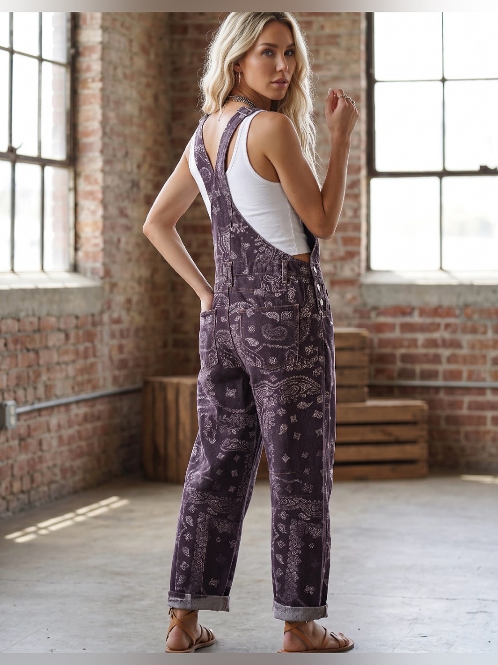 NWT Eesome Mineral Washed Paisley Boho Bandana Print Overalls Jumpsuit Jumper - Picture 5 of 8